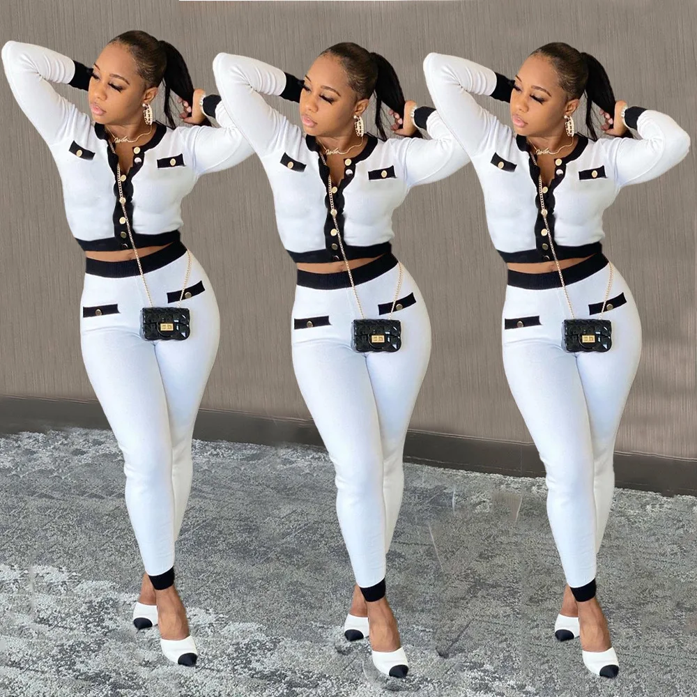 

J&H Trending Fashion Clothes Women Fall Two Piece Pants Set Wholesale Womens Luxury Clothing 2021 Casual Crop Tops Pants Set, White