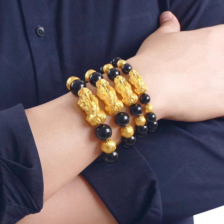 

BN13227 Men Women Matte Plated 3D Pixiu Bracelet Jewelry Mens Elastic Bracelet Natural Stone Black Onxy Bead Bracelet