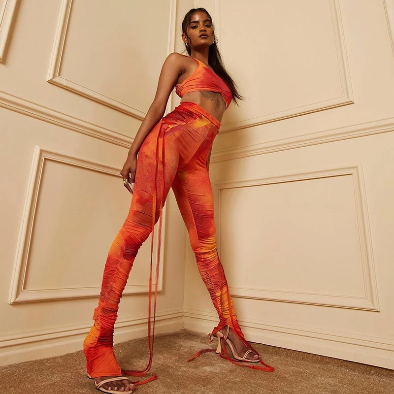 

Bomblook K21ST177 Side Bandage 2 Piece Set Women 2021 New Arrival One Shoulder Crop Top Stacked Skinny Pant Solid Color Set