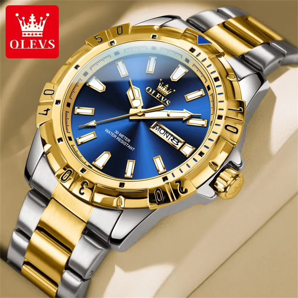 OLEVS Man Wrist Watch 5560 Gold Blue Luminous Men's Watches Stainless Steel Strap Luxury Quartz Watch for Men Calendar Week