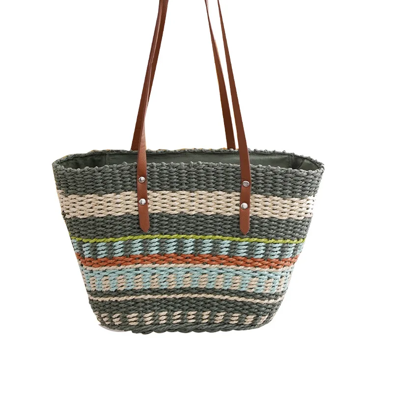 

Newest Design Handmade Weave Handbag Colorful Striped Paper Straw Vegetable Bags Tote Summer Beach Bag