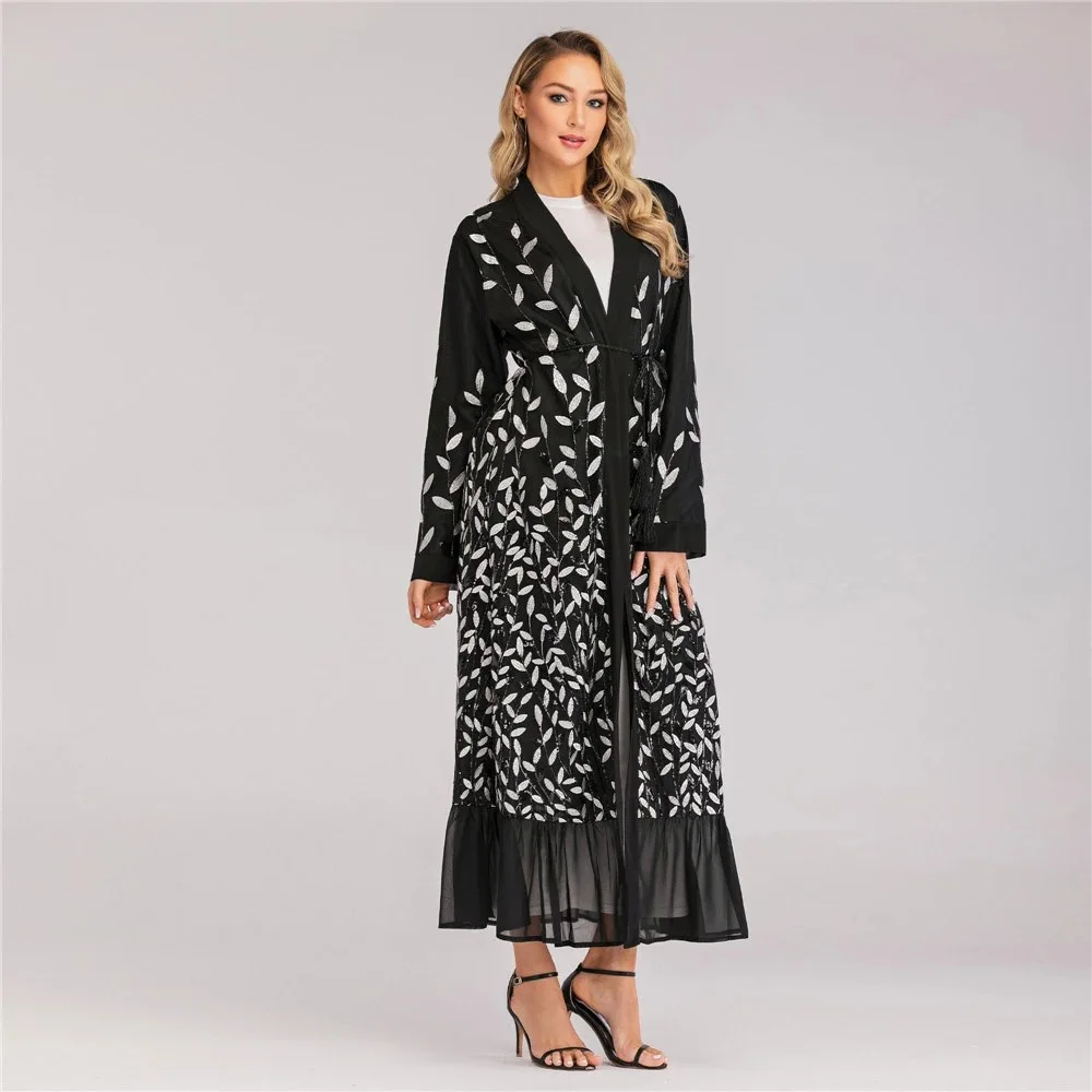 

1711# New Style Long Sleeve Kaftan Muslim Front Open Kimono Modern Sequins Abaya For Evening Prom