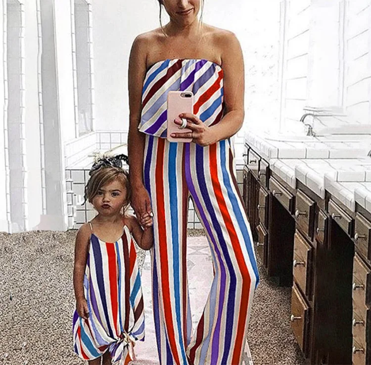 

Valentine's Day sweet style colorful striped one-shoulder long pants jumpsuit summer family matching outfit, As picture shows