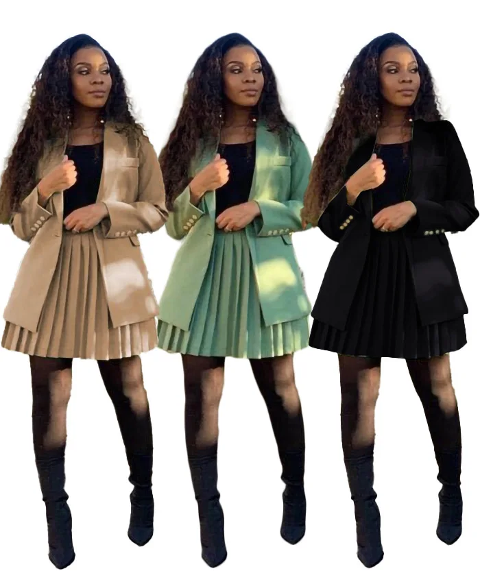 

2021 winter mini dress for women suit africa clothes dressses 2 piece ser office outfit pleated skirt blazer set women's suits, Green, black, grey, blown