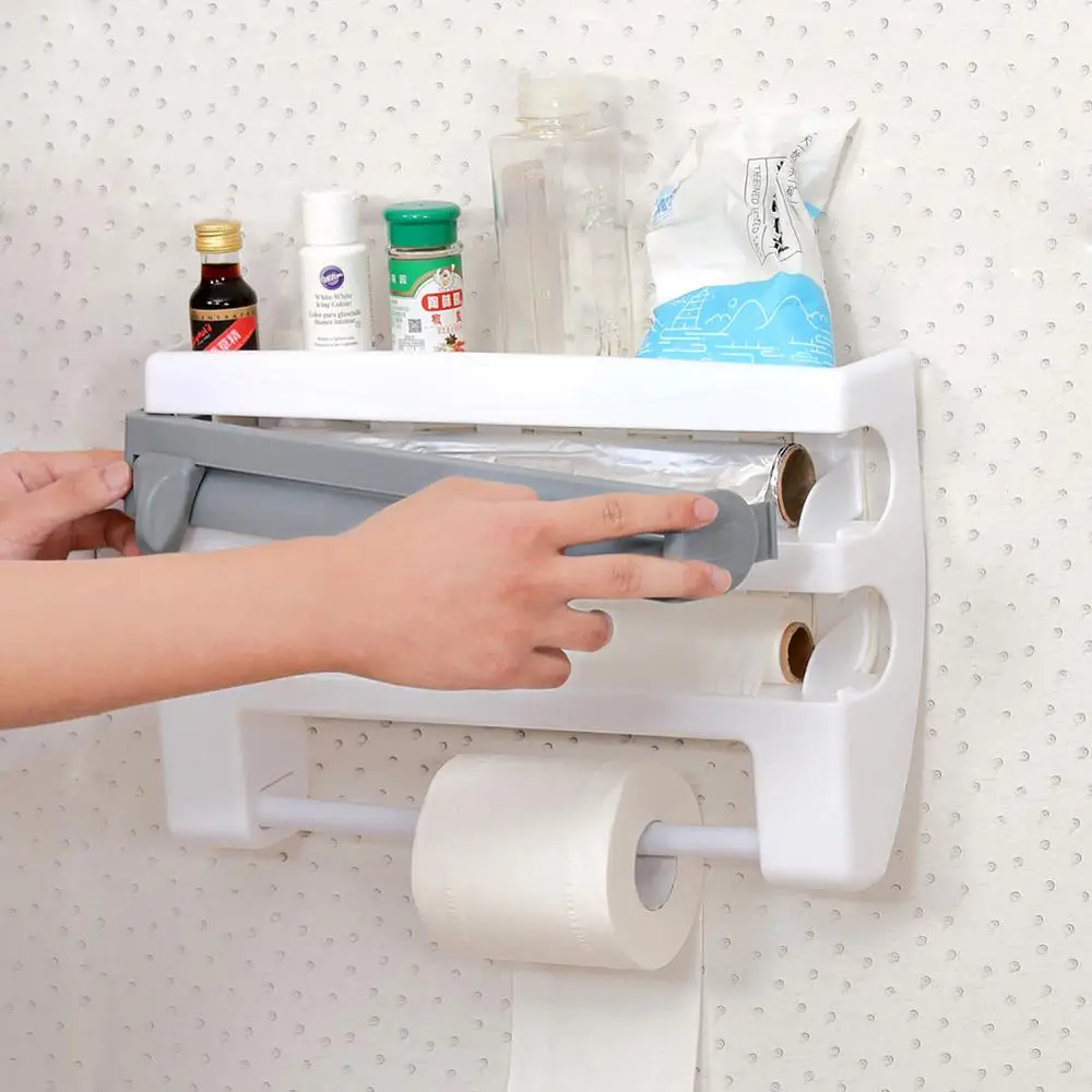 Tin Foil Paper Cutter Kitchen Storage Rack Refrigerator Cling Film Plastic Wrap Cutting Paper Towel Hang Holder Shelf Organizer
