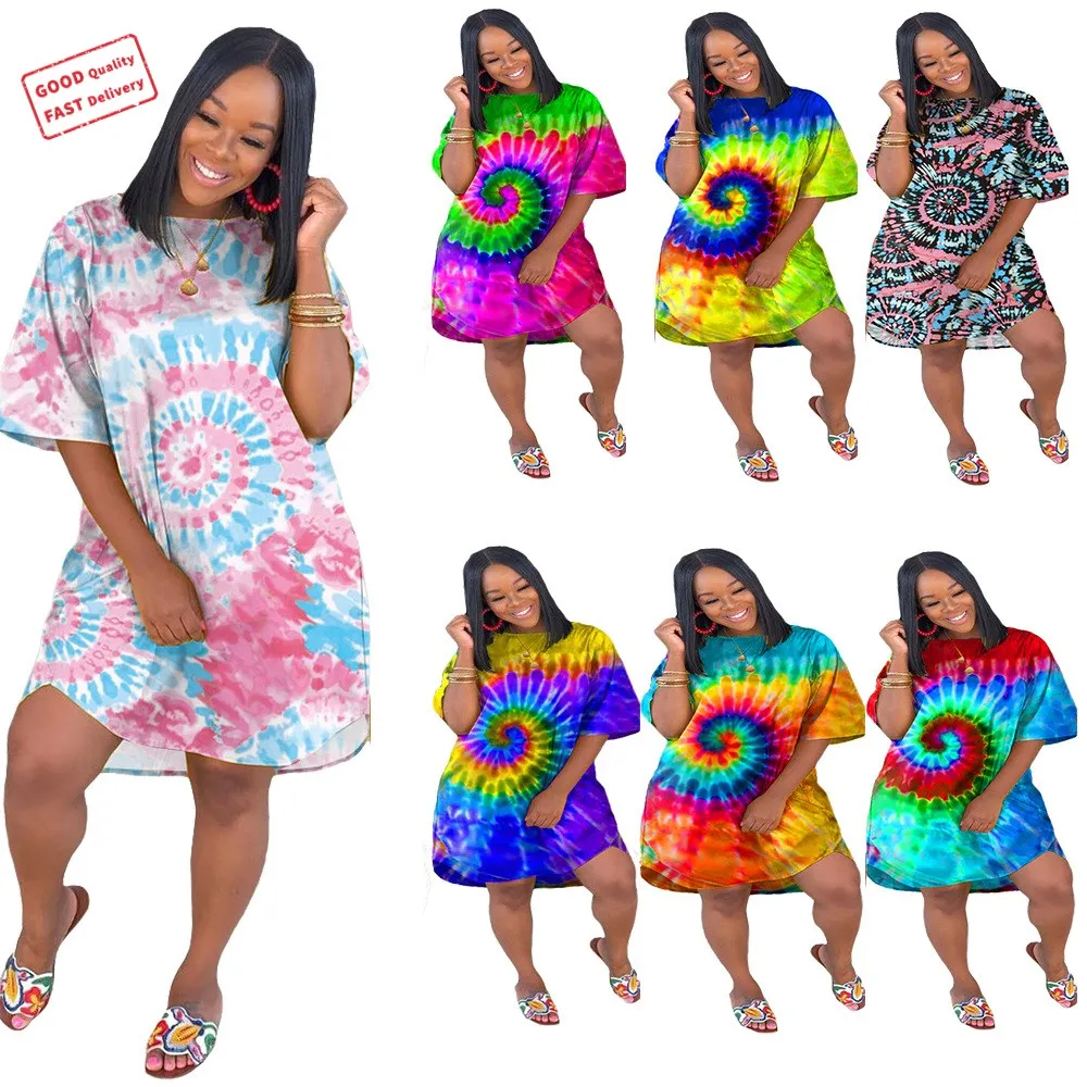

GQ1572 wholesale tie dye dress Short sleeve club dresses Round collar Loose sun flower colored women's skirts, Picture color