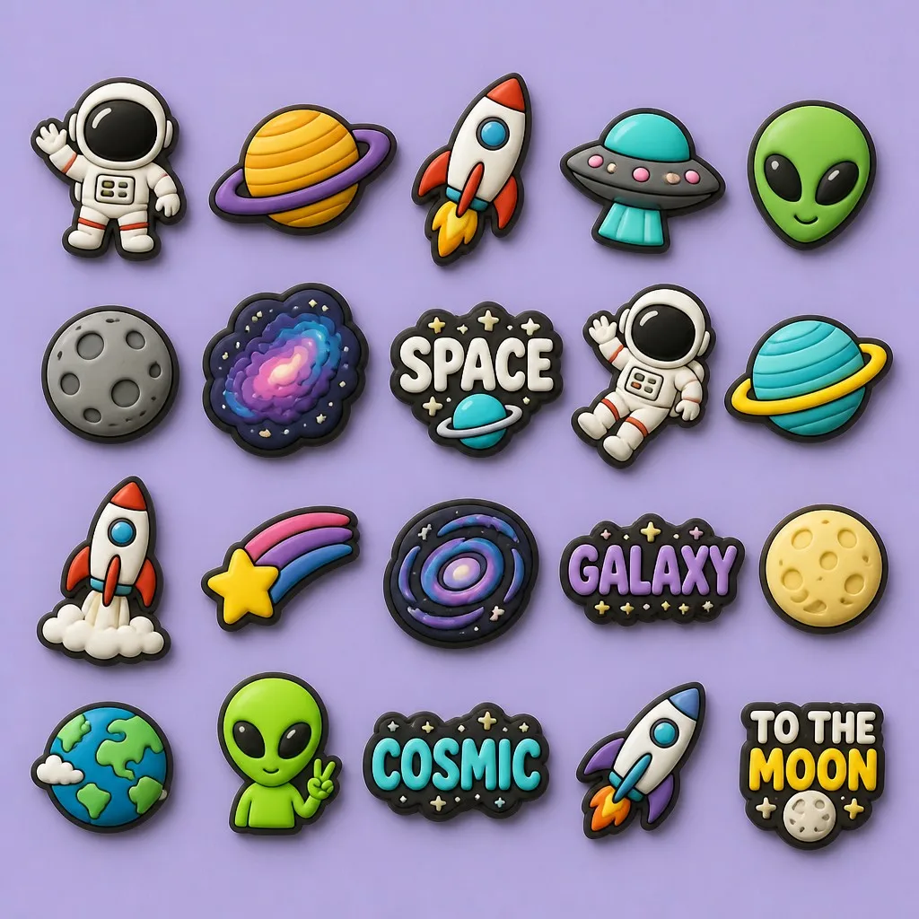 Complete space and galaxy charm library laid out as a coordinated assortment