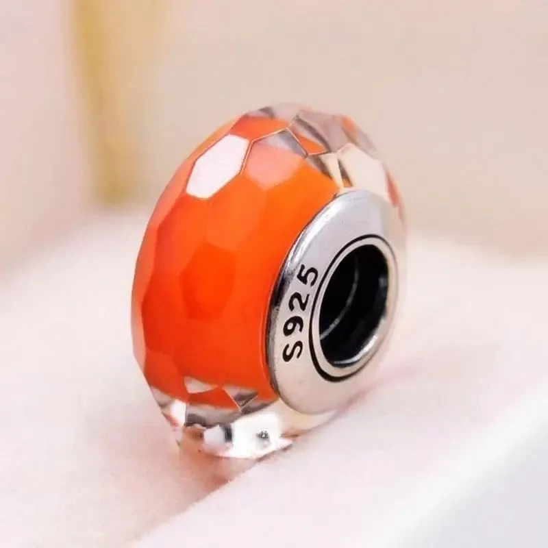 

Real S925 Sterling Silver Threaded Orange Faceted Murano Glass Beads Fit European Style Charm Jewelry Bracelets & Necklaces