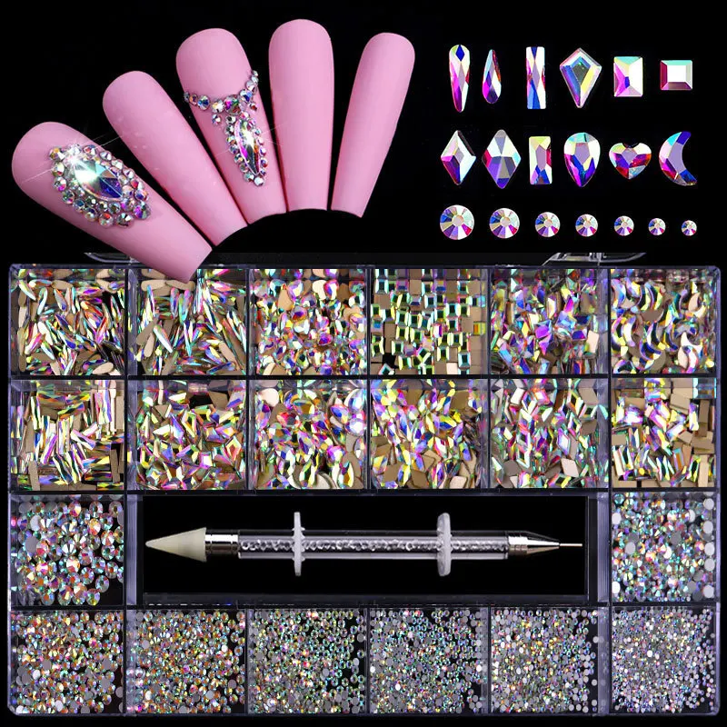 

Hot Sale 21 Grids Crystal AB Iridescent Drill Glass Flat bottom Nail Rhinestone with Dotting Pen for DIY Nail Art Supplies Set, Shimmer