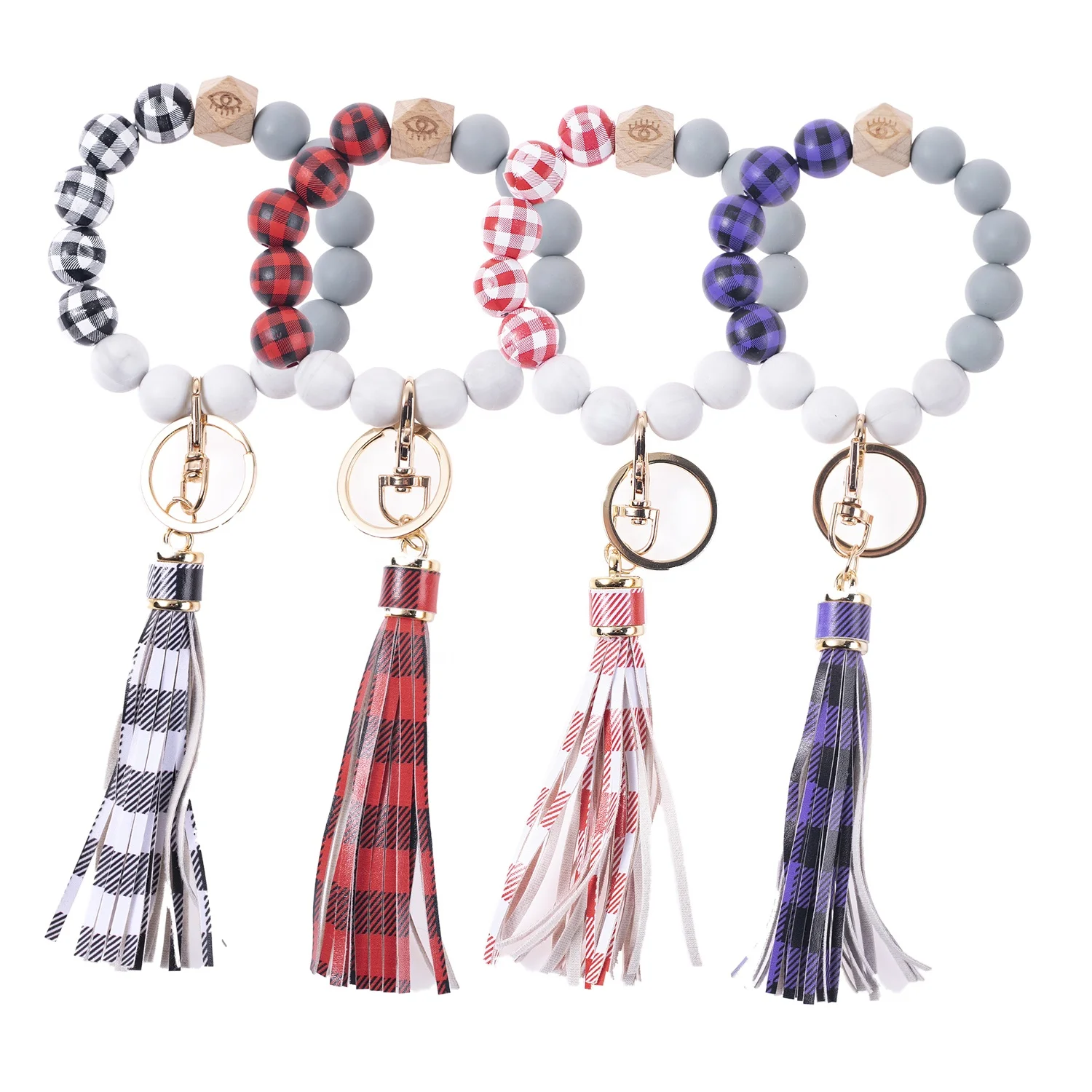 

Factory Wholesale Multi Style Leopard Lattice Wood Bead Bracelet Customized PU Leather Tassel Bangle Keychain, Picture