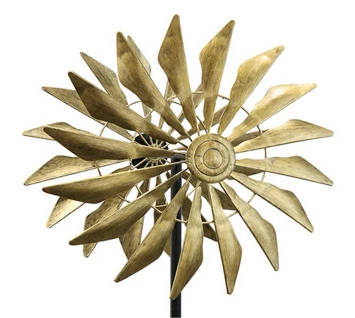 

Hourpark wholesale golden windmills double-sides kinetic metal stake garden wind spinners