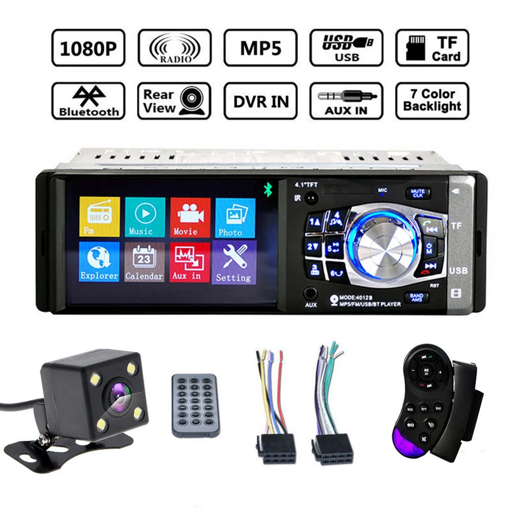 4.1'' 1DIN Car In-Dash MP5 Player Bluetooth Stereo Audio Radio+Steering Wheel RC 
