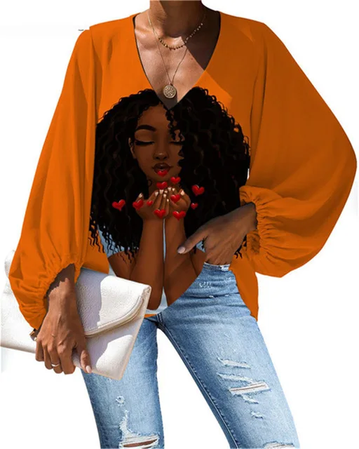 

Sinosun Fashionable 2021 Trendy Women Clothing Afro Art Girl Printed Women Blouse Puff Sleeve Chiffon Blusas, As pictures or customized