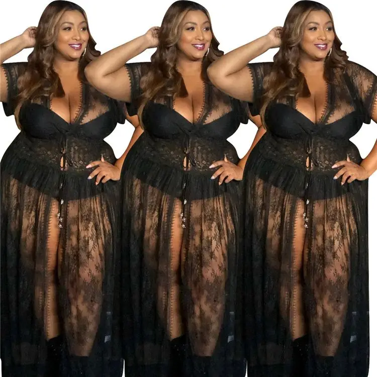 DA0804010 new stylish short sleeve full black lace maxi length woman plus size dress