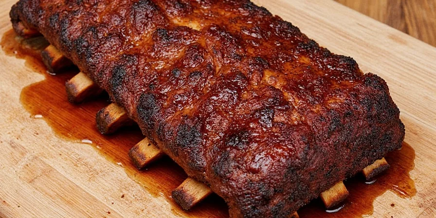 Beautifully plated slow oven baked ribs with a side of cornbread and pickles.