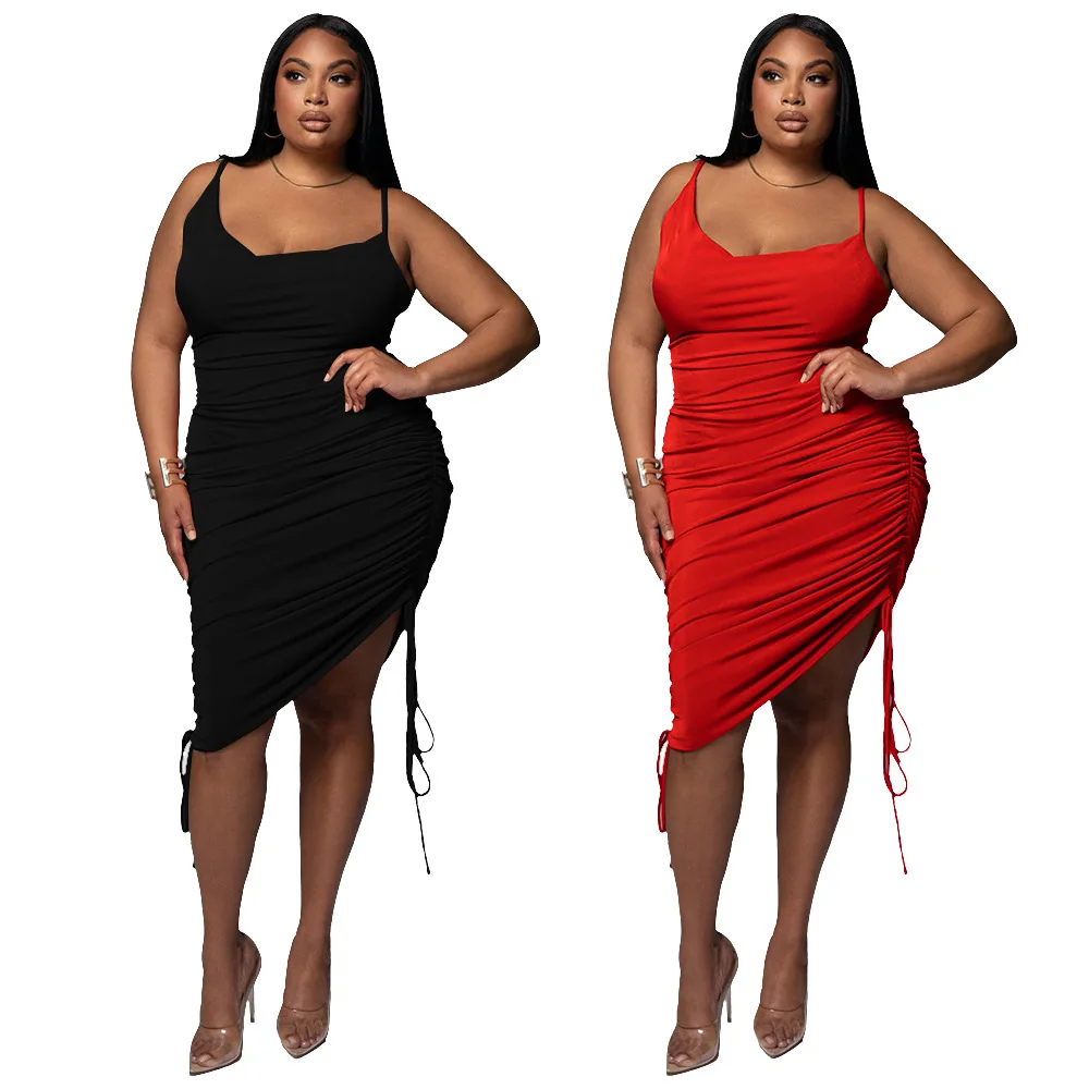 

Plus Size Ruched Summer Dress Drawstring Spaghetti Straps Cowl Neck Backless Long Dresses for Women Party Sexy Vestidos 2022, Red,black