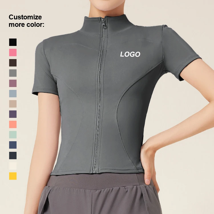 2024 Custom Women's Gym Zip-Up Jacket Soft Comfortable Short Sleeves Breathable Quick Dry Seamless Yoga Fitness Running Workout