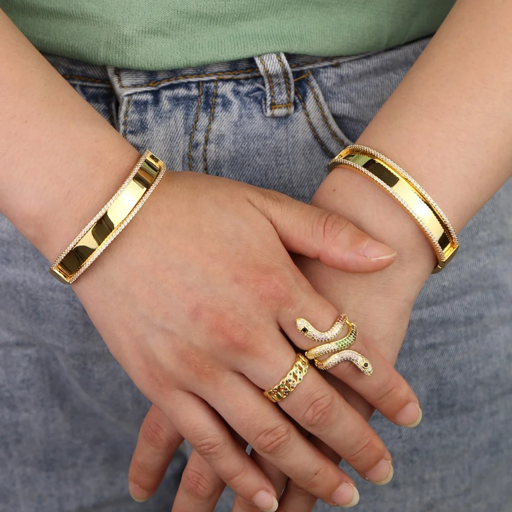 

High quality Gold wide band open bangle bracelet for women customize engrave cz hiphop Punk european women jewelry