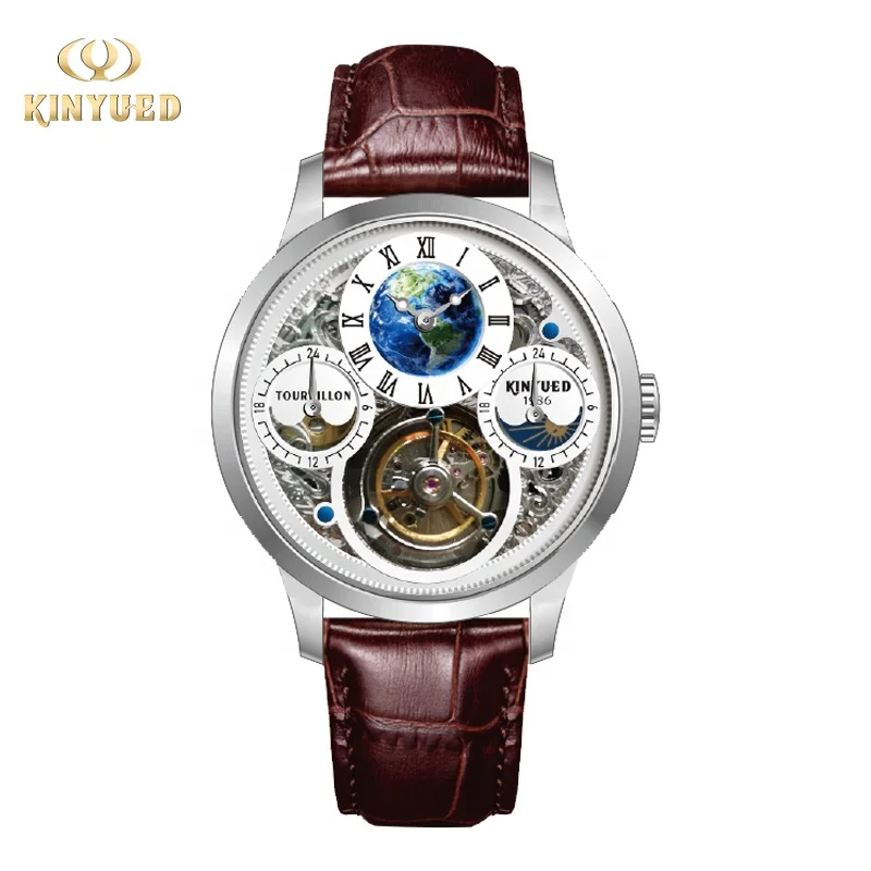 

KINYUED Genuine Leather Real tourbillon Skeleton waterproof wrist mens watch luxury mechanical automatic watches