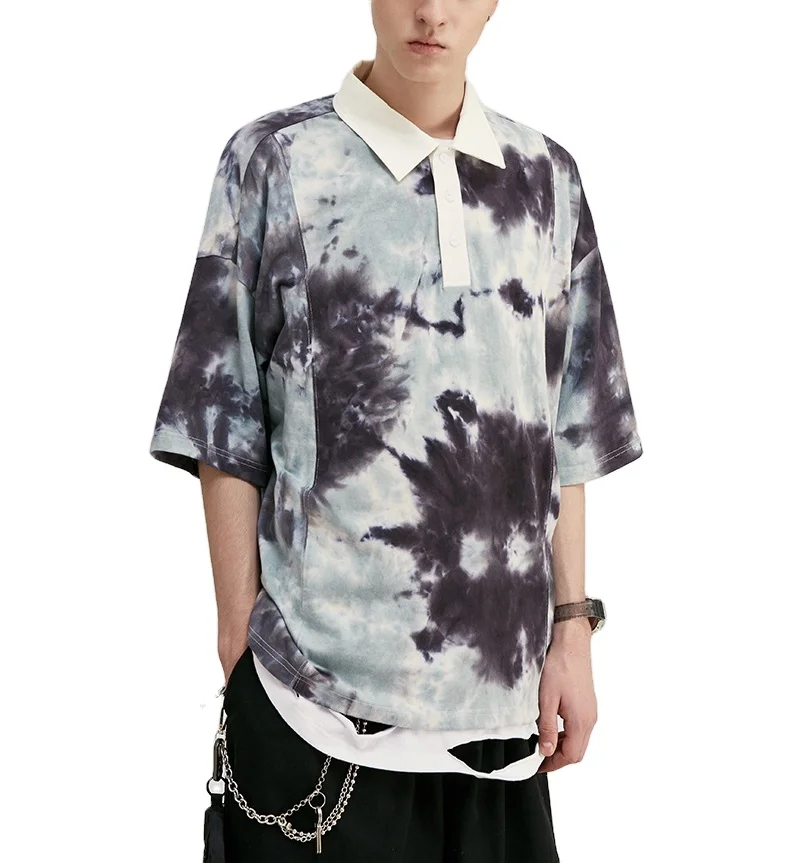 

2020 new style tailoring irregular tie-dye hem drawstring short-sleeved T-shirt men custom logo