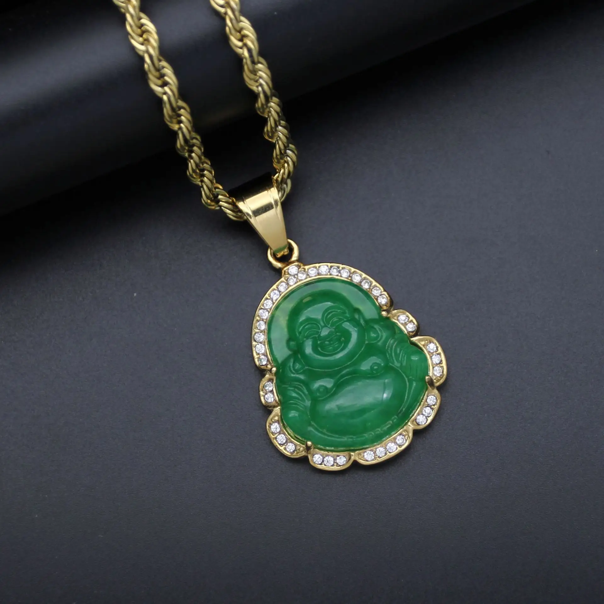 

8 Colors 18k Gold Plated Stainless Steel Crystal Laughing Buddha Necklace Green Jade Buddha Pendant Necklace for women men