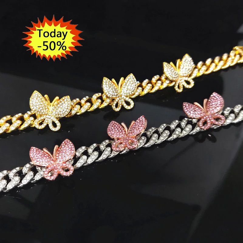 

2021 New Small Butterfly Cuban Link Anklet Iced Out Cz Cuban Anklets Women Hip Hop Rapper Bling Foot Jewelry