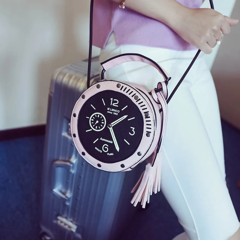 

PU Leather Circular Clock Crossbody Bag Women's Shoulder Bag Fashion Lovely Ladies Handbags Rivet Tassel Cute Bag, As photo