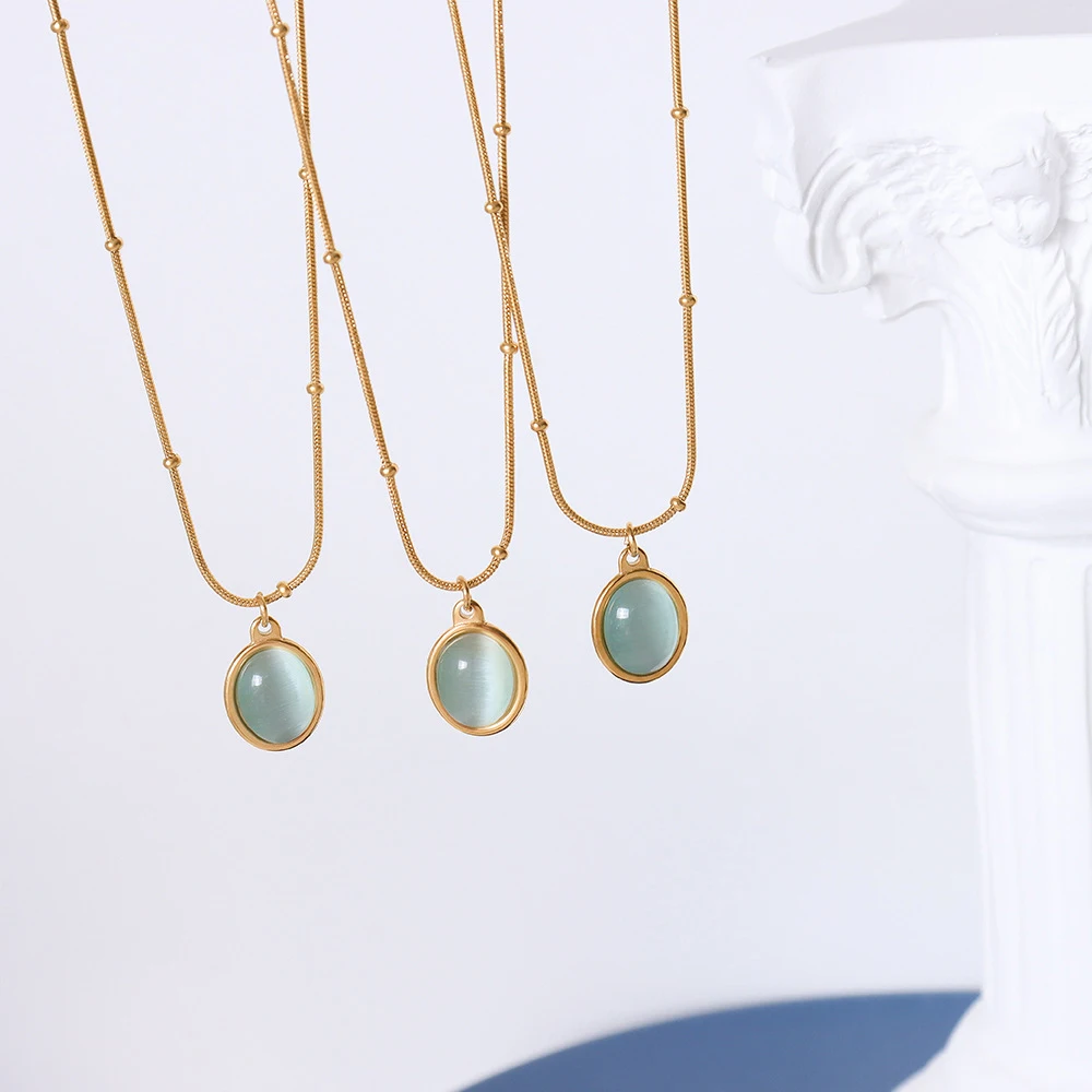

INS Trendy Jewelry 18K Gold PVD Plated Stainless Steel Oval Opal Stone Pendant Necklaces For Women