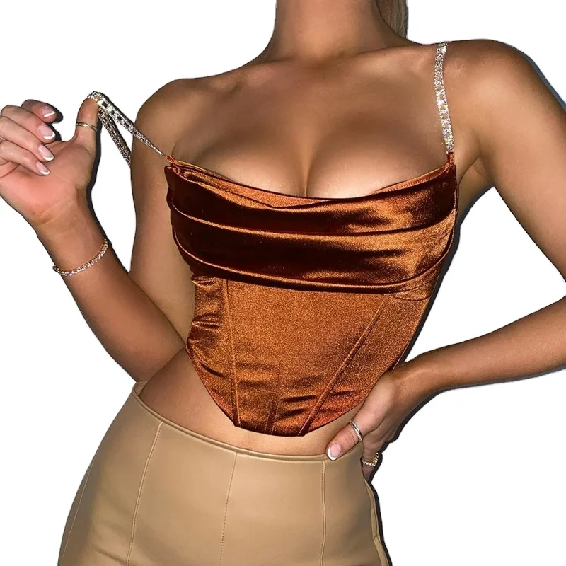 

Wholesale Fashion ladies new style drill chain strap sling top sexy silk satin bustier corset top vest