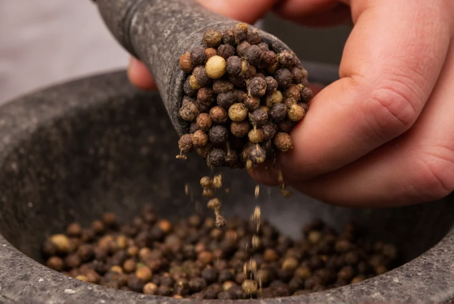Chef’s hand grinding fresh black peppercorns into a mortar with pestle, close-up showing texture and color