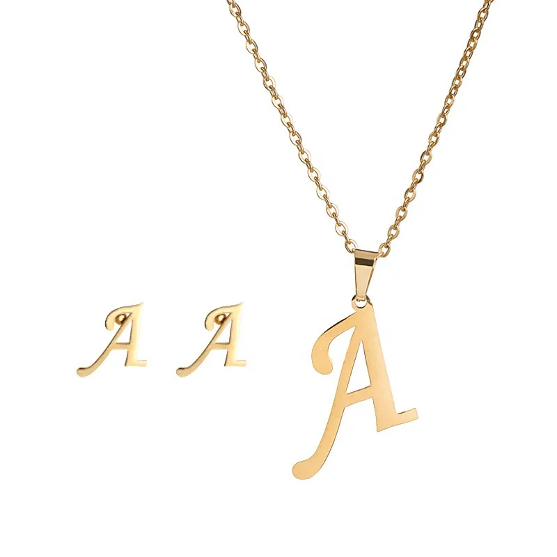 

Ziming Amazon Stainless Steel Alphabet Pendant Necklace Earring Set Gold Metal Letter Fadelessly Chain Necklace Neck Wear