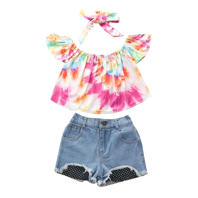 

Summer Factory Price Kids Baby Girl Off Shoulder Pullover Crop Top Denim Hot Shorts Girls Two Piece Outfits, Pink