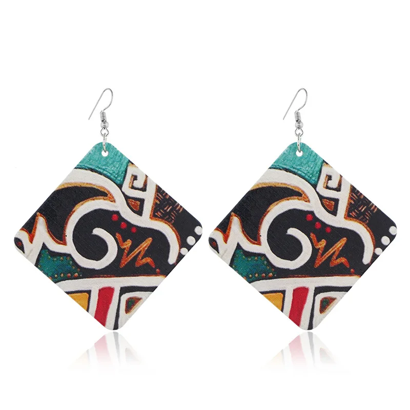 

Fashion African Vintage Wooden Square Hook Earrings Personalized Colorful Flower Printing Square Drop Earrings, Picture