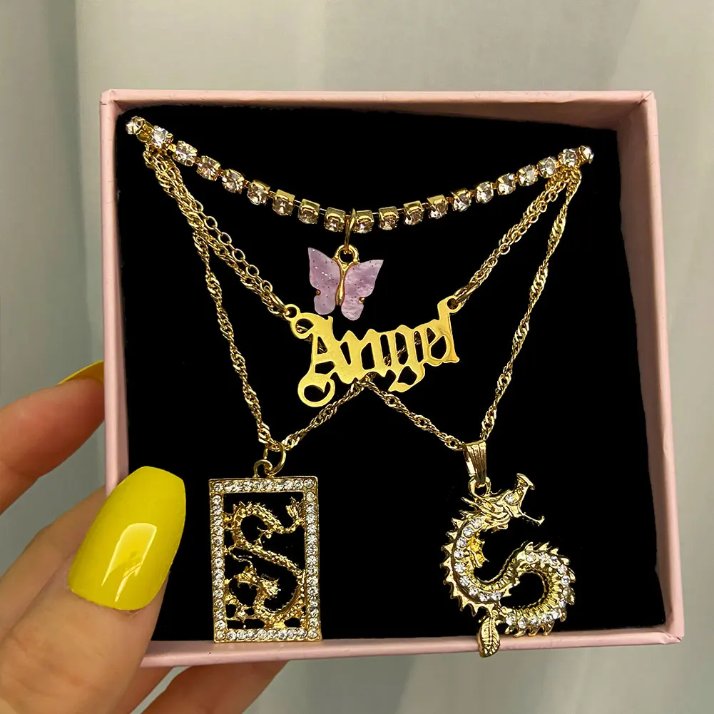 

4 Pcs/set Bohemia Retro Jewelry Iced Out Crystal Tennis Chain Choker ANGEL Letter Crystal Butterfly Dragon Pendant Necklace, Gold color