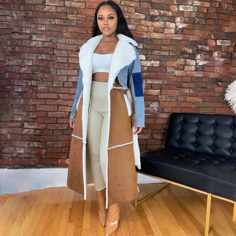 

2022 winter women jean jacket with Faux Fur Women Clothing Chiffon Street Cotton long coat jacket