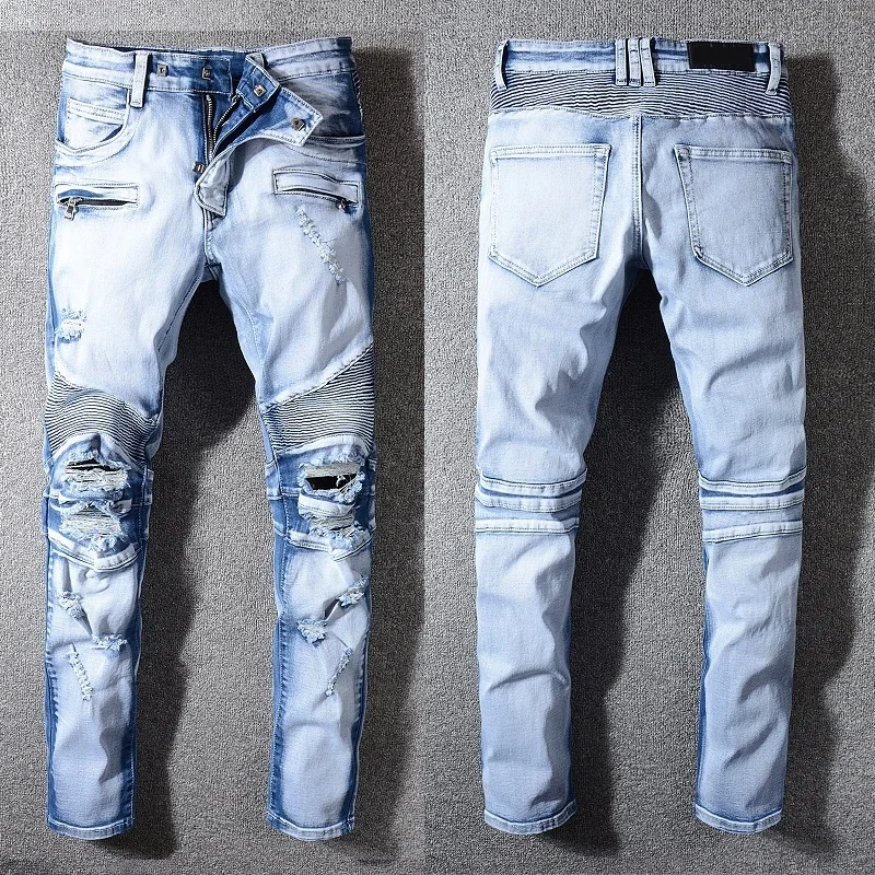 

New France Style #1076# Men's Distressed Destroyed Ribbed Stretch Moto Pant Acid Washed Blue Biker Jeans Slim Trouser Size 29-42