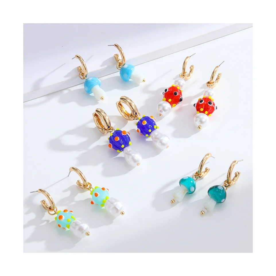 

H&P summer fashion cute pearl glass earrings women drop oil earring wholesale statement mushroom earring