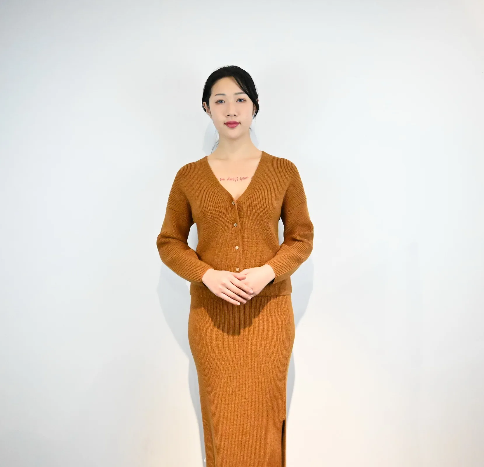 

New arrival ladies long sleeve top sexy dress 2 pieces wool knit sweater set casual crew neck solid color women knitted set, Customized color