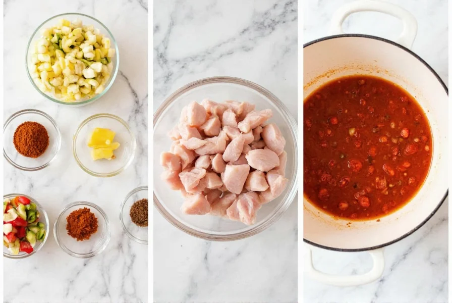 Step-by-step preparation of chicken chili ingredients including diced chicken, spices, and vegetables arranged neatly