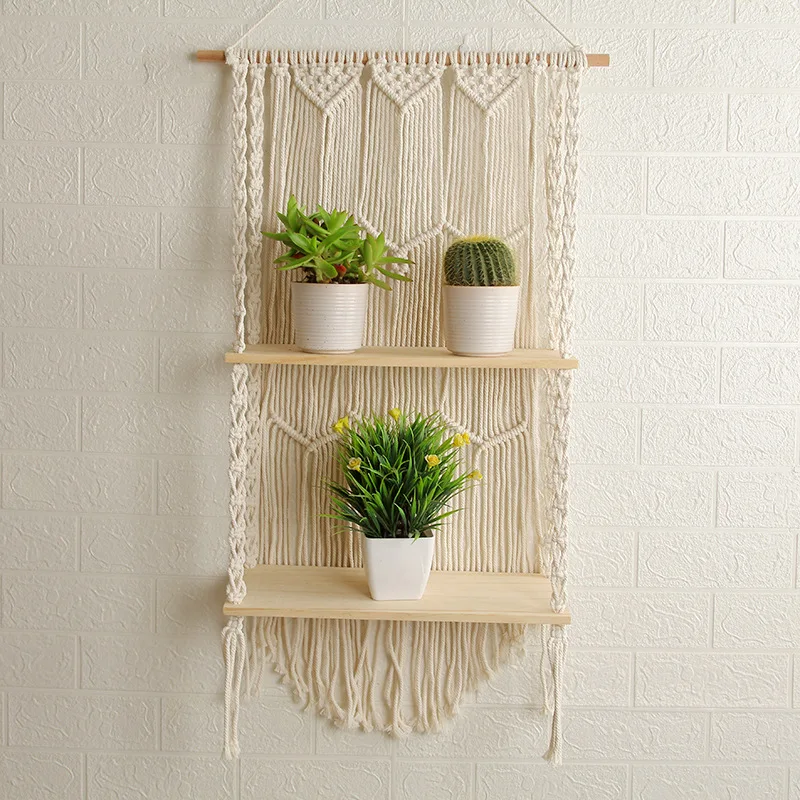 

Woven Boho Macrame Plant Hanger Rope Pot Hanging Holder Double Wooden Shelf Wall Hanging Home Decor, Beige