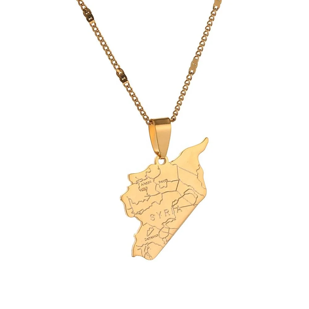 

Stainless Steel Gold Color Syria Map Flag Pendant Necklaces Syrians Charm Jewelry