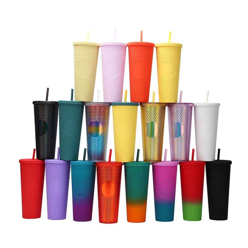 

24oz Matte Plastic Double Wall Water Tumbler Plastic Inlaid Rivet Cup with Lid and Straw