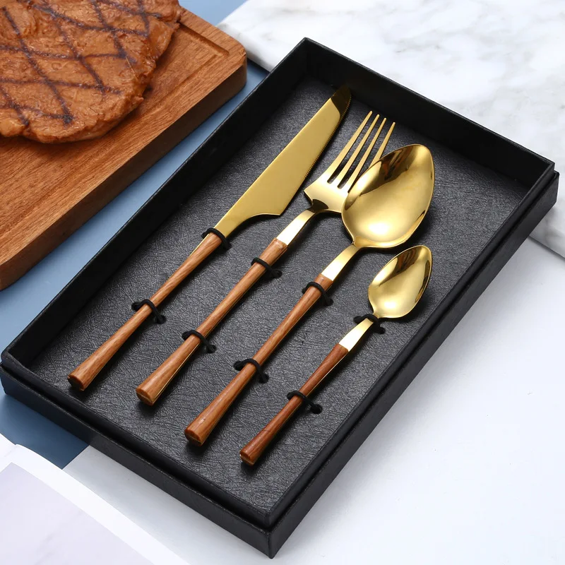 

CHINA OEM FACTORY WHOLESALE Wood Handle Stainless Steel Tableware Marbling Handle Steak Knife & Fork & Spoon Gift Set