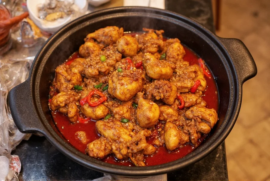 Authentic Sichuan cuisine at Red Pepper Towson featuring dry pot chicken with visible Sichuan peppercorns and fresh chili peppers
