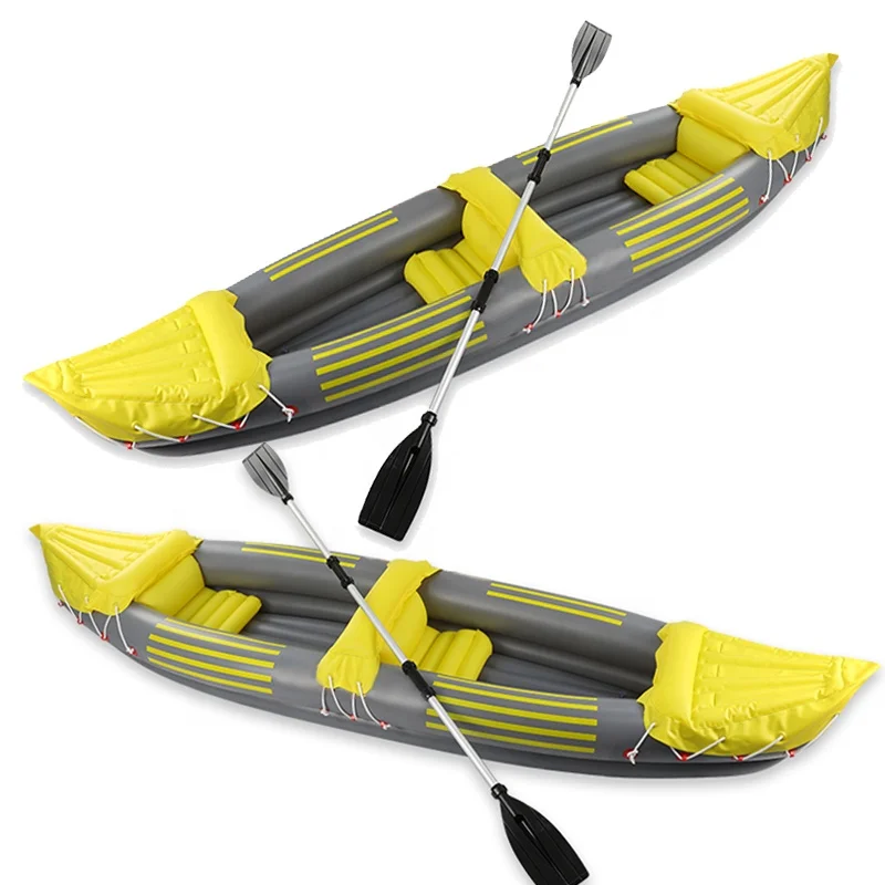 

China hot sale aqua PVC 2 two person double fishing inflatable kayak with paddles, Yellow