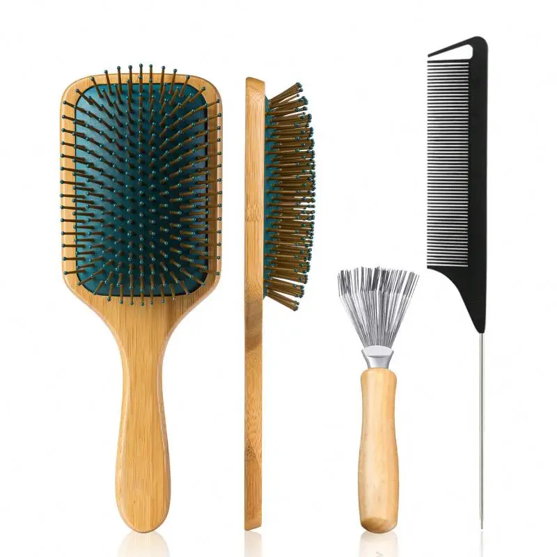 

madera y cola desenredante Cepillo natural para cuero cabelludo Juego peine dientes anchos con cojin cepillo pelo de bambu