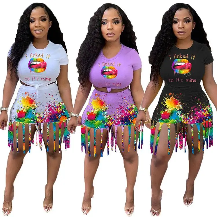 

Trendy Ladies Tassels 2 PCS Outfits Printed Shorts Summer Plus Size Women Two Piece Set