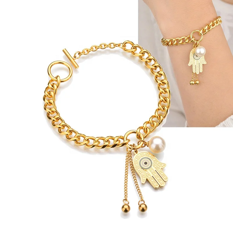 

Hot Selling Minimalist Jewelry 18K Gold Plated Stainless Steel Palm Eye Oval Charm Bangle Bracelet for women