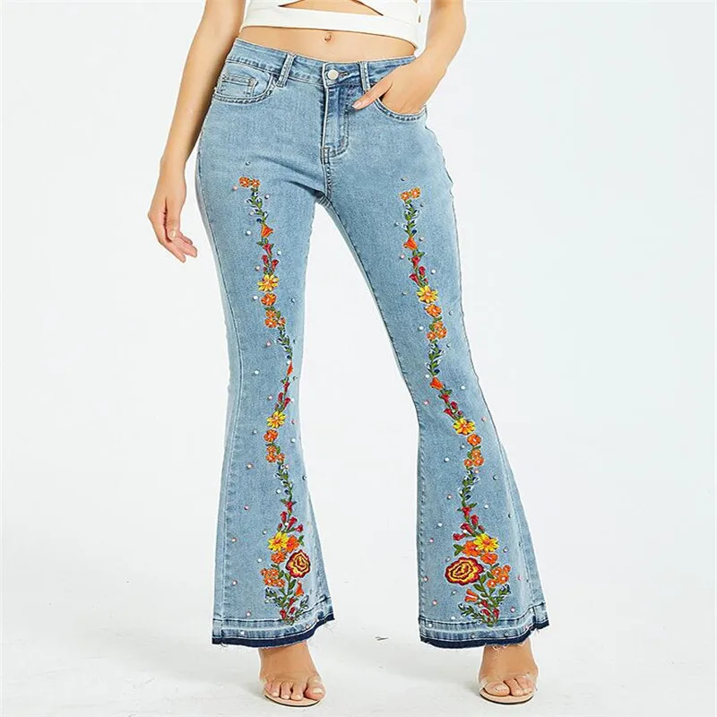 

Long Jeans Tight Women's sexy high-waisted Tights embroidery jeans Fashion Hot Sale Style Wide-legged jeans, Picture