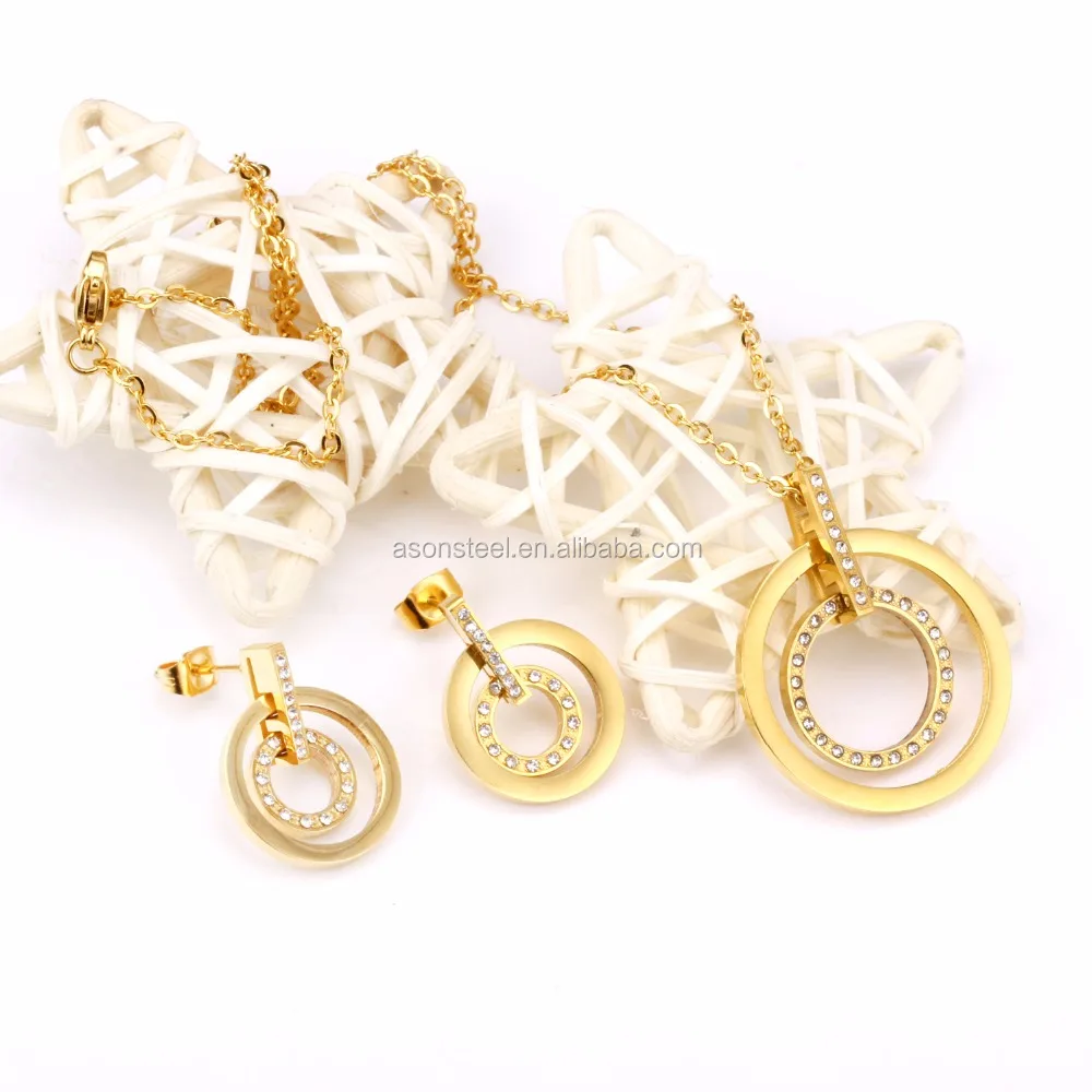 

Luxury Famous Brand Circle Pendant Paved Crystal pendant Necklace Earrings Jewelry Set Gold Color Stainless Steel